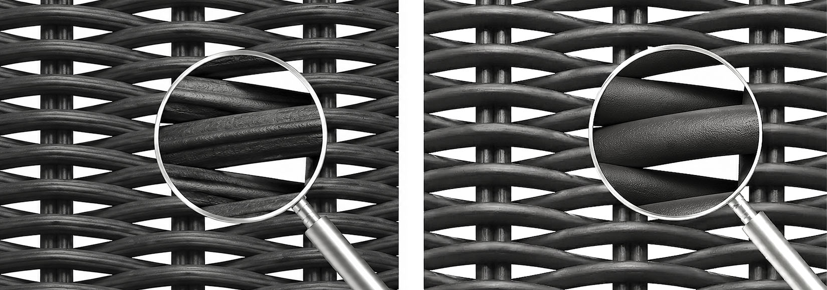 Vergleich verschiedener Materialien für die Tecta Geflechtreparatur mit unterschiedlichen Farben und Oberflächen