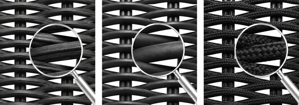 Drei schwarze Geflechtmaterialien für Tecta Stühle im Detail: gerilltes Kunststoffgeflecht, glattes Rundmaterial und textile 4-mm-Paracord-Schnur.