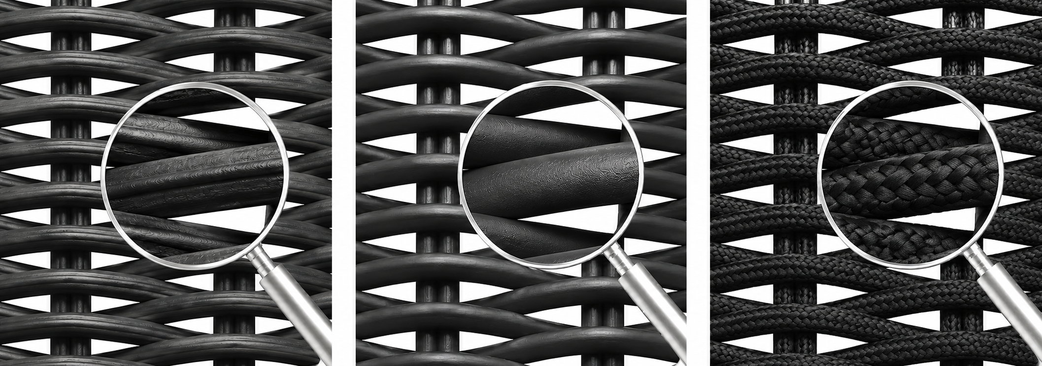 Drei schwarze Geflechtmaterialien für Tecta Stühle im Detail: gerilltes Kunststoffgeflecht, glattes Rundmaterial und textile 4-mm-Paracord-Schnur.